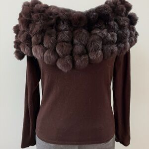 Belldini Chocolate Off-the-Shoulder Sweater with Fur Trim